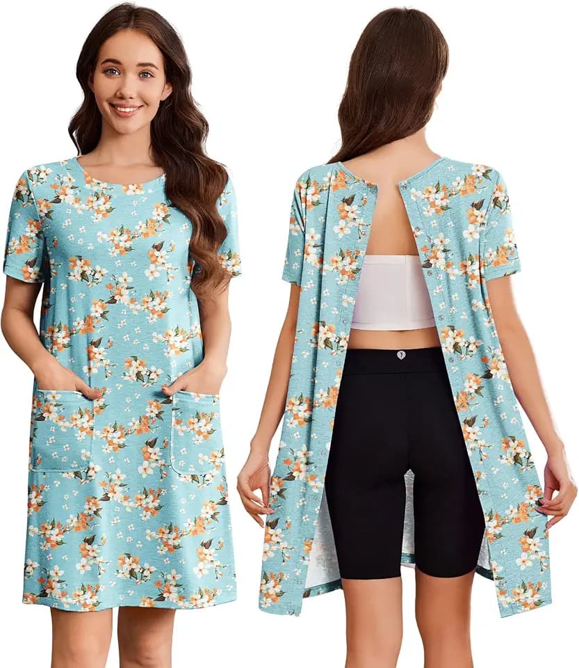 Deyeek Hospital Gowns for Women Open Back Tear Away Snap Nursing Dress