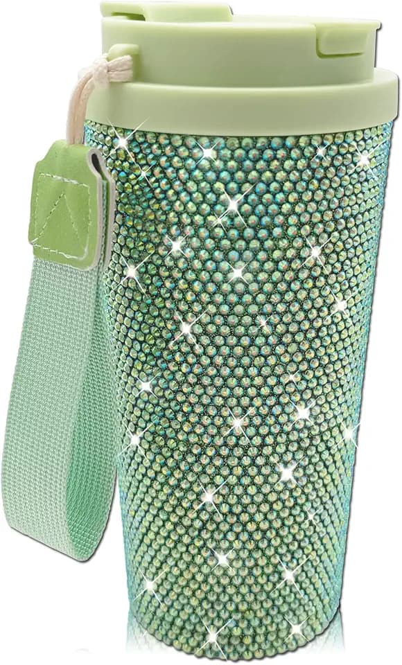 20oz Bling Coffee Travel Mug Stainless Steel Rhinestones Studded Coffee Tumbler with Strap & 2-In-1 Lids Reusable Insulated Diamond Cup for Home Office Travel Work (Light Green)