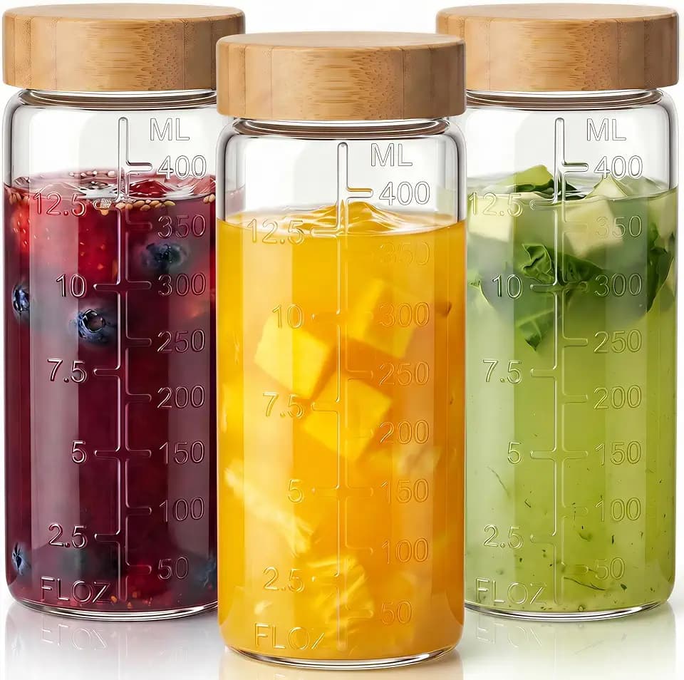 16 oz Round Glass Juice Bottles with Airtight Bamboo Lids, Reusable 3 Pack