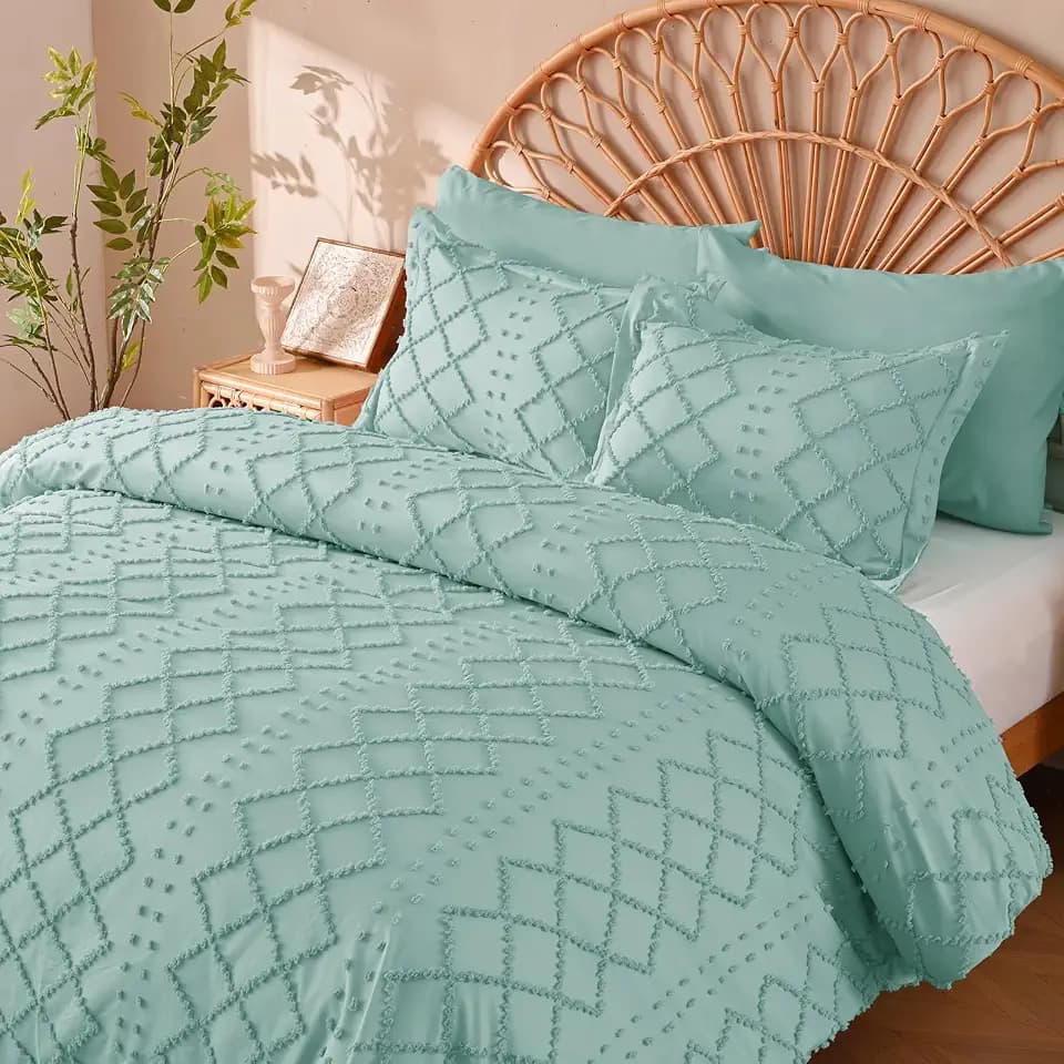 Manyshofu Green Tufted Duvet Cover Set, 5 Piece Boho Full Bedding