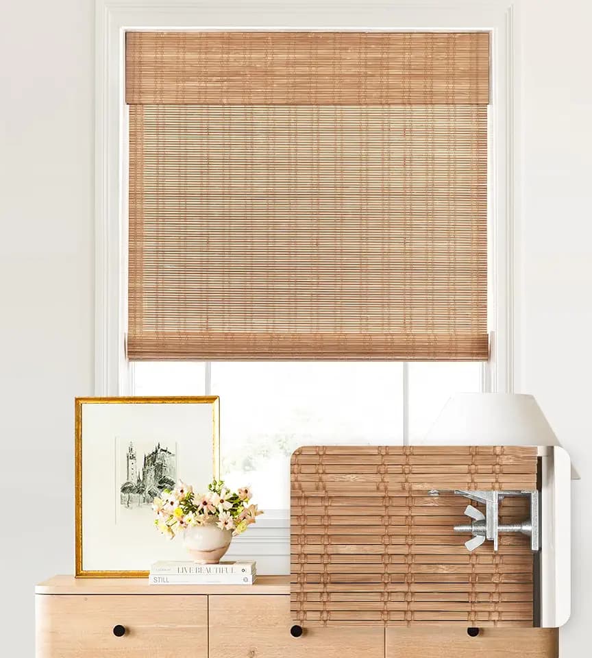 LazBlinds No Drill Bamboo Roman Shades, 28.5" W × 48"H, Ceylon Light Russet
