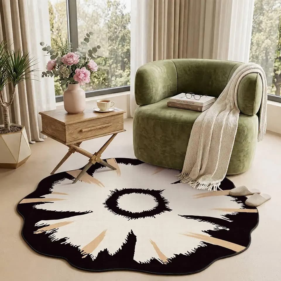 4ft Round Rug Washable Modern Circle Area Rug, Black Beige