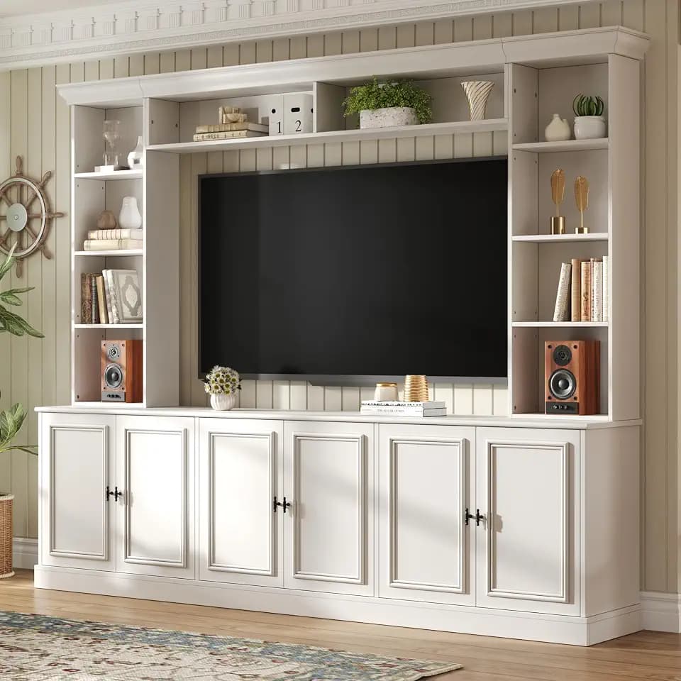 Merax 97.4" W Wall Unit Entertainment Center, TV Stand for TVs Up to 70", Mid-Century Media Console with Bookshelf & Adjustable Shelves, White