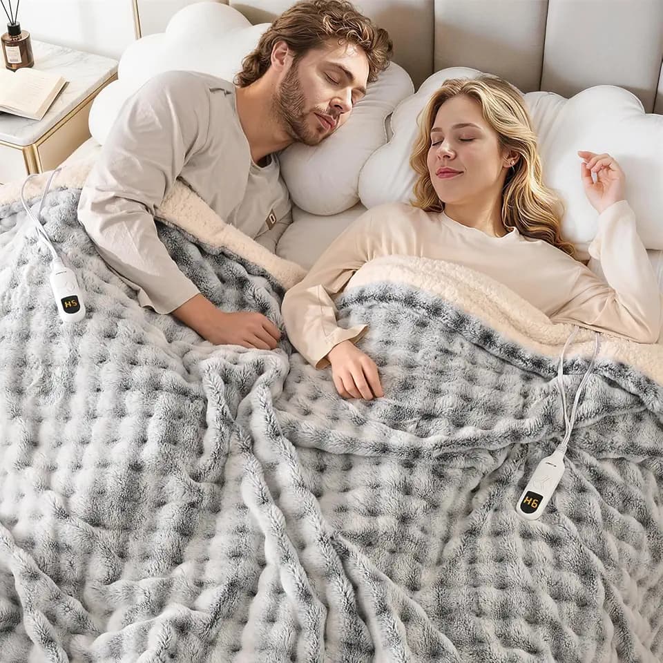 WOOMER Heated Blanket King Size 100" x 90", Luxury Faux Rabbit Fur Electric Blanket with Dual Controllers, Ultra Soft Heating Blanket with 10 Heat Levels, 9H Auto Off, ETL Machine Washable