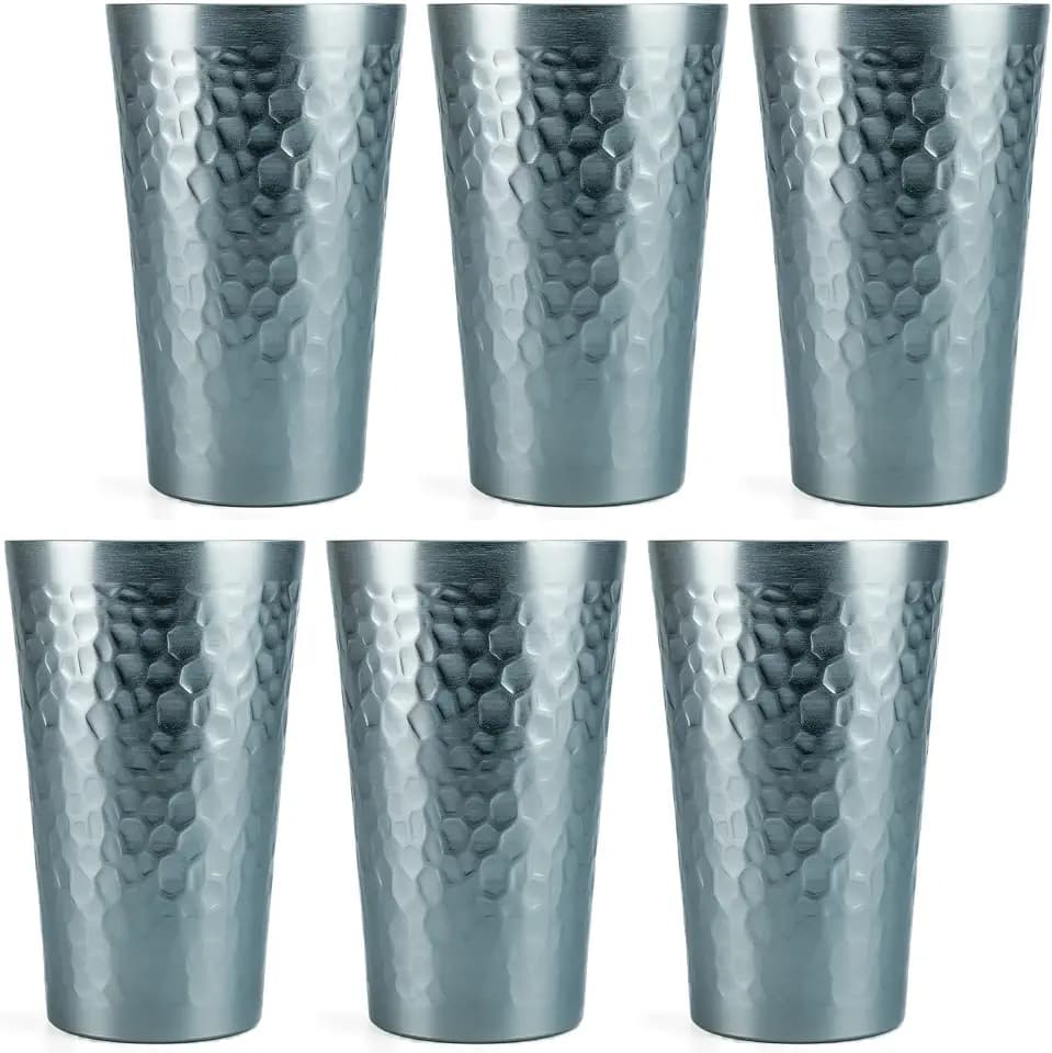 Arora Hammered Gray Aluminum Cups Set of 6 (16 oz) – Rustproof, Lightweight Metal Tumblers for Cocktails, Beer & Cold Drinks – Ideal Gifts for Men, Weddings, Home Bar & Parties
