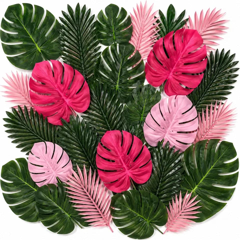 Giegxin 46 Pcs Tropical Artificial Palm Leaves Monstera Decoration, Pink