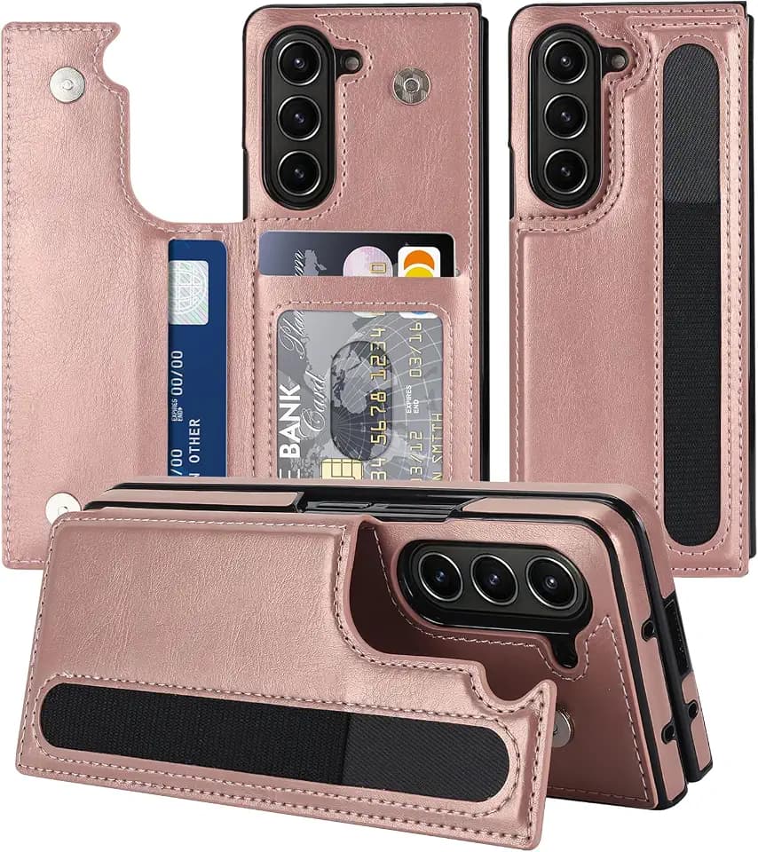 Hülle für Samsung Galaxy Z Fold 5 2023, Multifunktional Echtleder Handyhülle mit S Pen Halter und Kartenhalter Ständer Stoßfest Schutzhülle Brieftasche Cover für Galaxy Z Fold5 (Roségold)