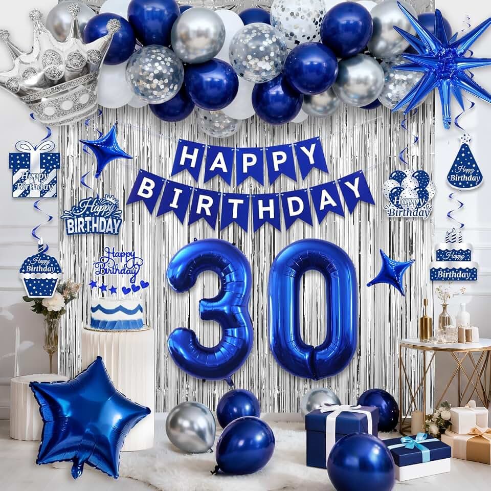 30th Birthday Decorations, Blue and Silver Happy Birthday Decorations for Boys Girls, Navy Blue 30th Birthday Party Packs with Banner Balloons Silver Fringe Curtains Foil Balloons