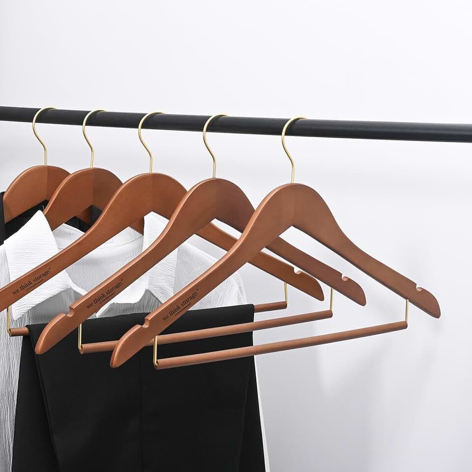 Sukkiri Non-Slip Wooden Suit Hangers with Locking Bar, Set of 30-Pack Heavy Duty Curved Coat Hangers with 360° Swivel Hooks for Travel, Retro