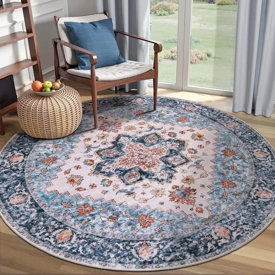 SERISSA 4ft Washable Non Slip Round Boho Area Rug for Bedroom,Blue Orange