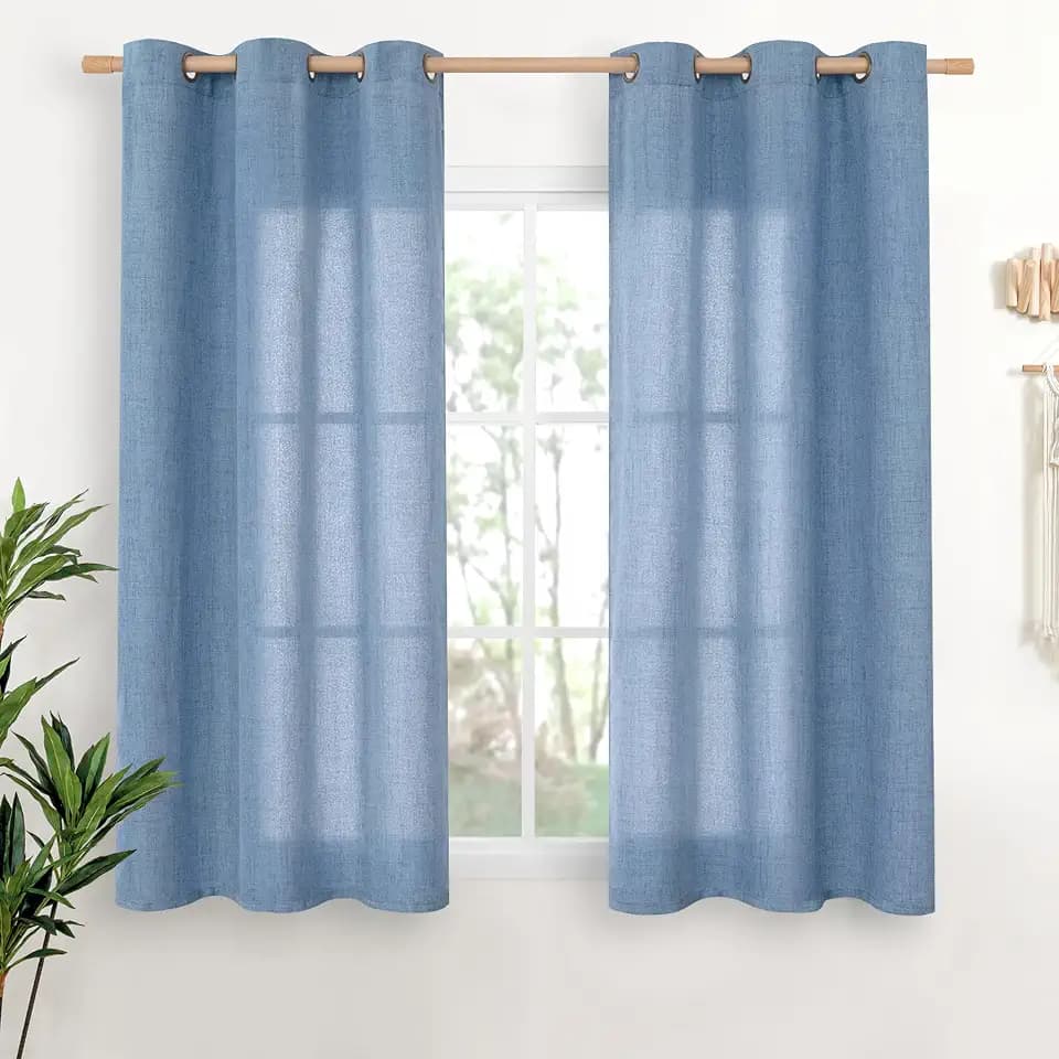 YoungsTex Denim Blue Linen Curtains 48 Inches Long for Short Window, Semi Sheer Drapes with Bronze Grommet Privacy Light Filtering for Bedroom Living Room, 42 x 48 Inch, 2 Panels