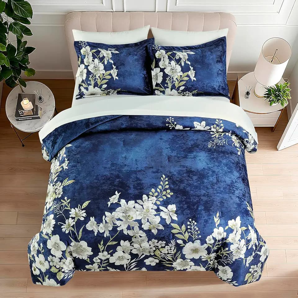 Sunshine Nicole Reversible Comforter Set, Printed Distressed Velvet Front and Sold Distressed Velvet Reverse, 3 Pieces Navy Blue King, with Soft Polyester Fill