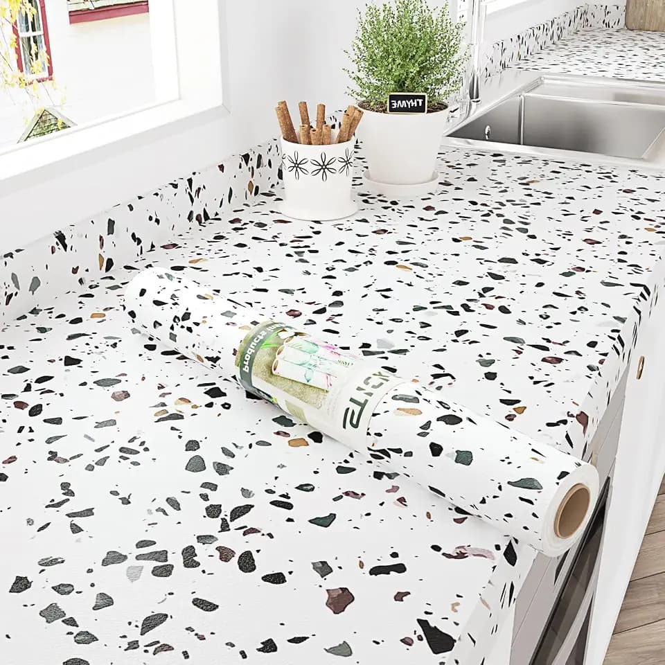 Matte White Black Terrazzo Contact Paper for Countertops Waterproof Thick Marble Peel and Stick Countertop Covering Removable Granite Wallpaper for Kitchen Tables Cabinets 17.7" x 120"
