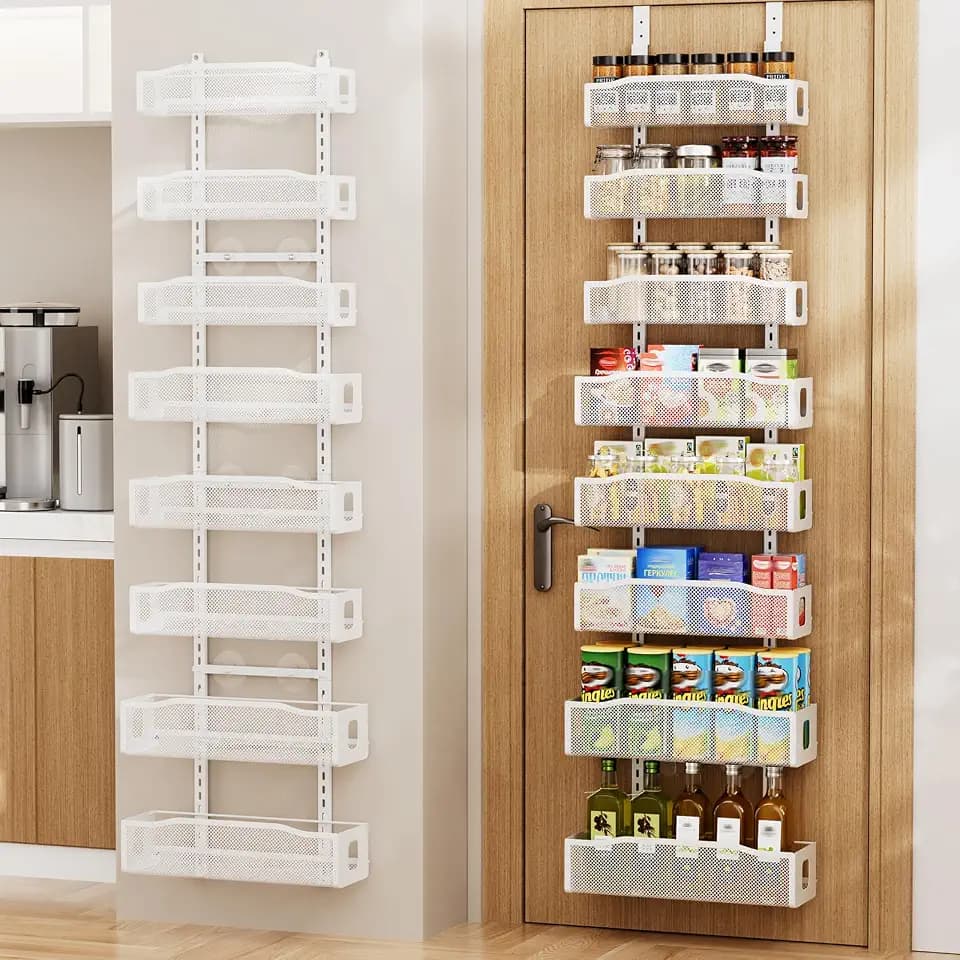 Delamu 8 Tier Over the Door Pantry Organizer, 2in1 Hanging or Wall Mount Spice Rack Seasoning, Adjustable Heavy-Duty Pantry Door Organizer and Storage for Kitchen Cabinet and Bathroom, 15.3" White