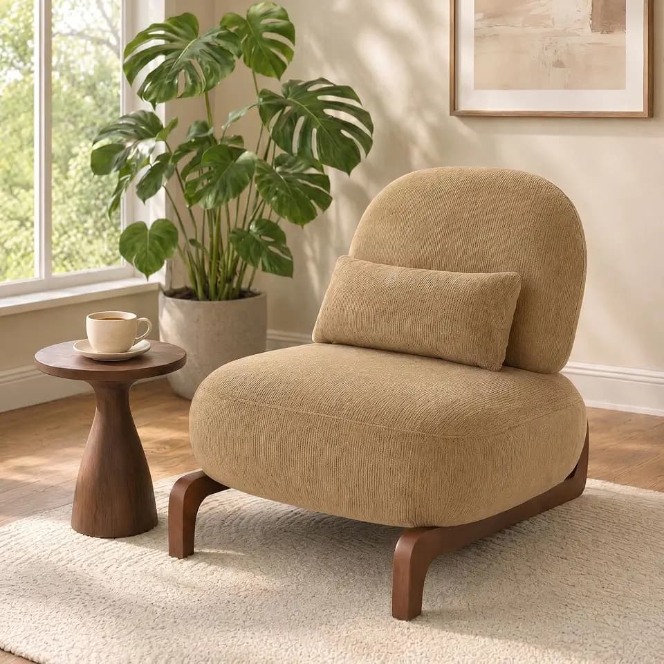 Mid Century Modern Velvet Armless Accent Chair, MCM Curved Back Lounge Chairs with Tilted Solid Wood Legs & Thick Lumbar Pillow, Single Cloud Sofa for Living Room Reading Nook (Camel)