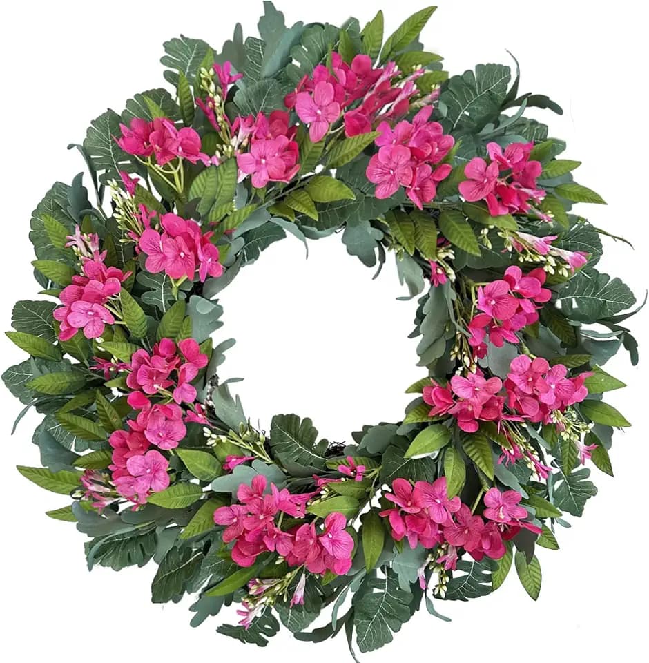 24 Inch Pink Hydrangea Wreaths for Front Door, Summer Artificial Floral Wreaths with Pink Wildflowers, Green Olive Leaves Large Foliage, Farmhouse Rustic Decor for Porch, Wall, Garden