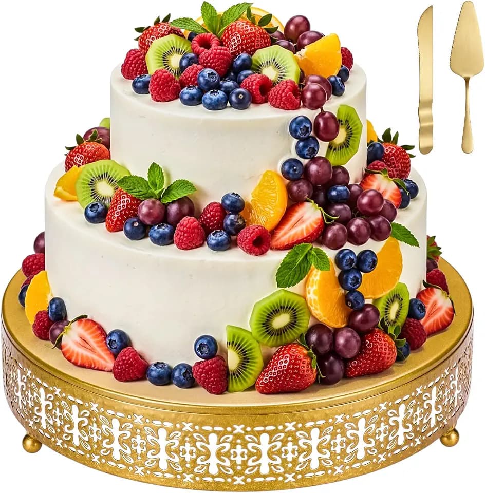 Wenqik Gold Metal Cake Stand 12 Inch with Cutting & Spatula