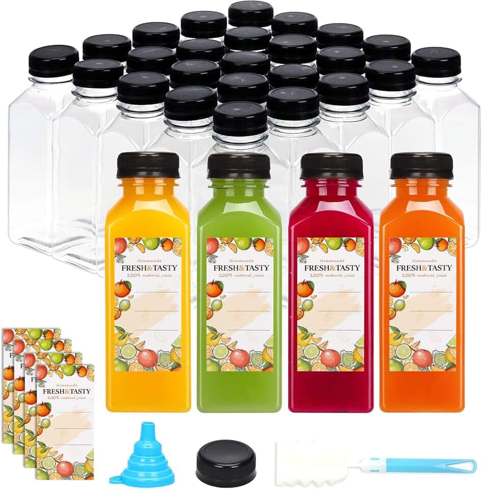 TOMNK 32 Pack 12 OZ Plastic Juice Bottles with Caps, Sticker Labels, Brush