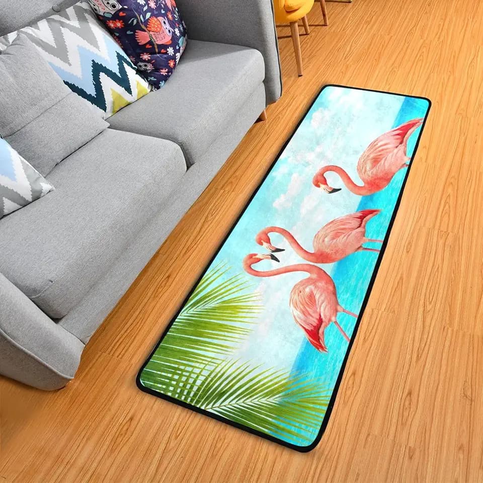 Retro Flamingos Standing Blue Sea Runner Rug Floor Mat Non-Skid Kitchen Rug Soft Area Rug for Bathroom Entryway Hallway Dining Living Room