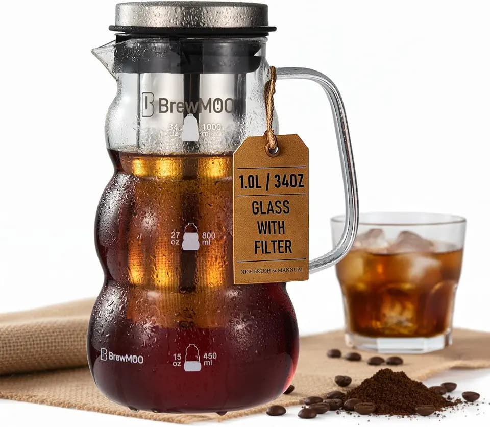 Cold Brew Coffee Pitcher (1.0L/34oz) - Elegant Sleek Wave Borosilicate Glass Pitcher with 100um 304 Stainless Steel Filter & Airtight Lid, Efforless Mannual for Beginner, Sophisticated Gift