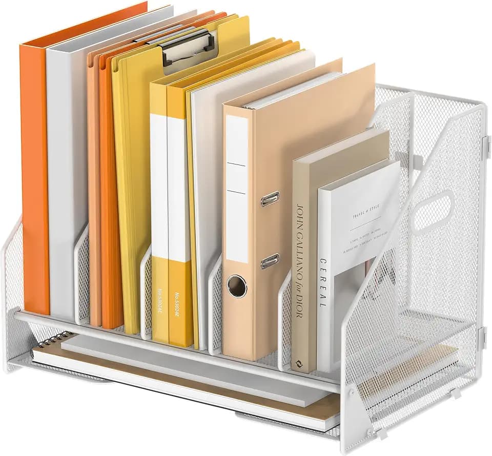 5 Vertical Mesh Desk Organizer with Paper Letter Tray, White
