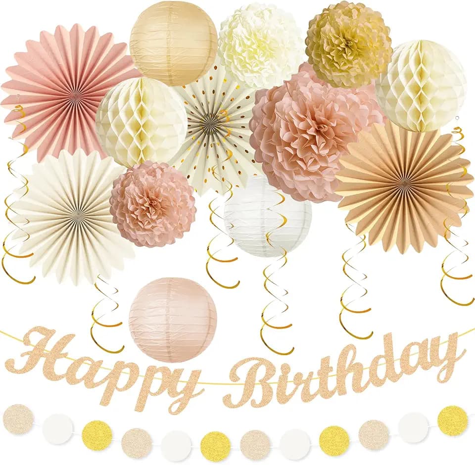 Champagne-Gold Beige Happy Birthday Decorations, 21pcs Fall Boho Birthday Banner Sweet 16 Birthday Party Decorations Sign for Girls Women18th 21th 30th 40th 50th 60th 70th 80th