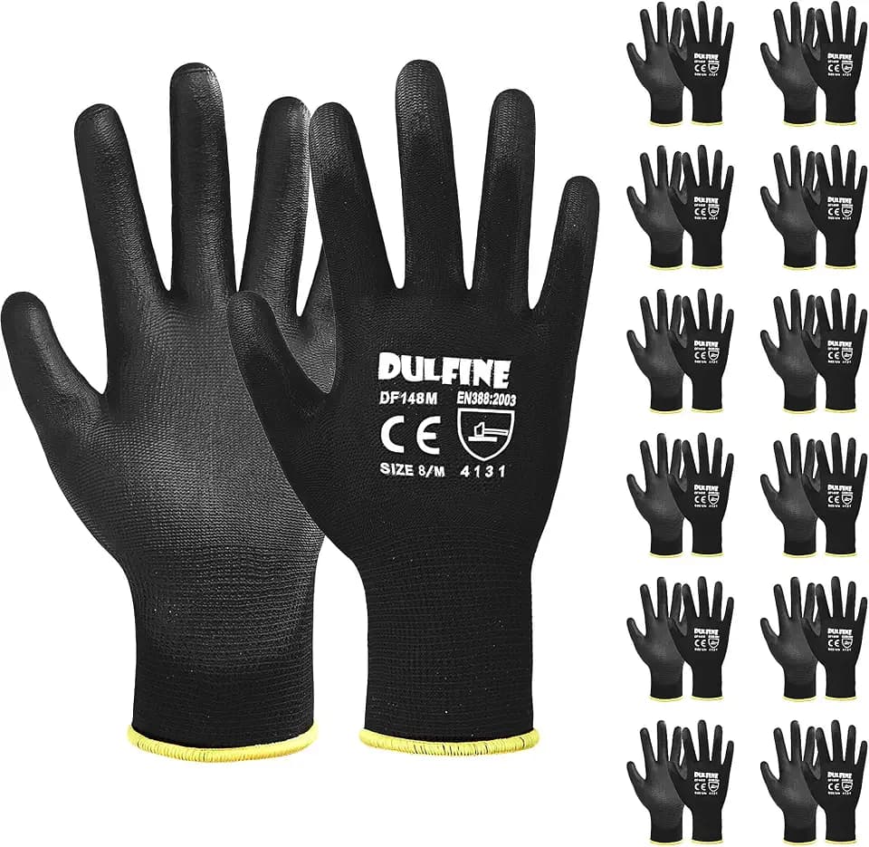 DULFINE Safety Work Gloves for Men 12 Pairs, Ultra-Thin PU Coated Black XL
