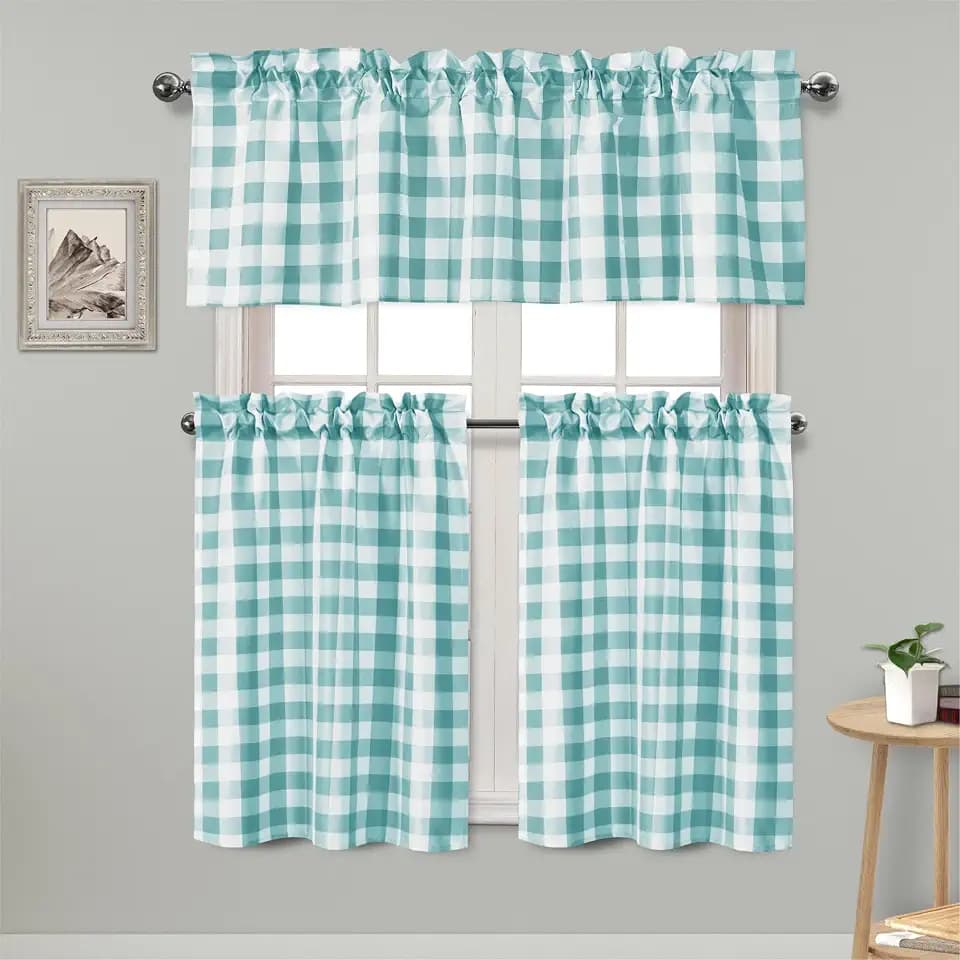 Hiasan 3 Piece Semi Sheer Curtains, Aqua and White