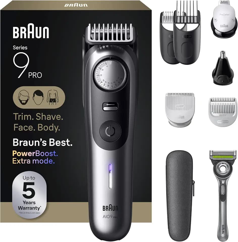 Braun All-in-One Series 9 PRO Men's Electric Beard Trimmer, Hair Clipper, Shaver & Razor for Face, Hair & Body, AIO 9550 with Gillette Labs Razor, Cordless