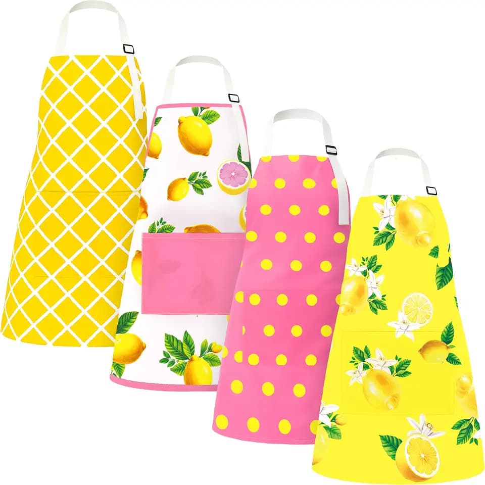 90shine 4PCS Pink and Yellow Lemon Aprons with Pockets: Summer Lemonade Stand Adjustable Apron Decorations for Kitchen Baking Cooking Holiday Costume Accessories Decor Birthday Party Supplies
