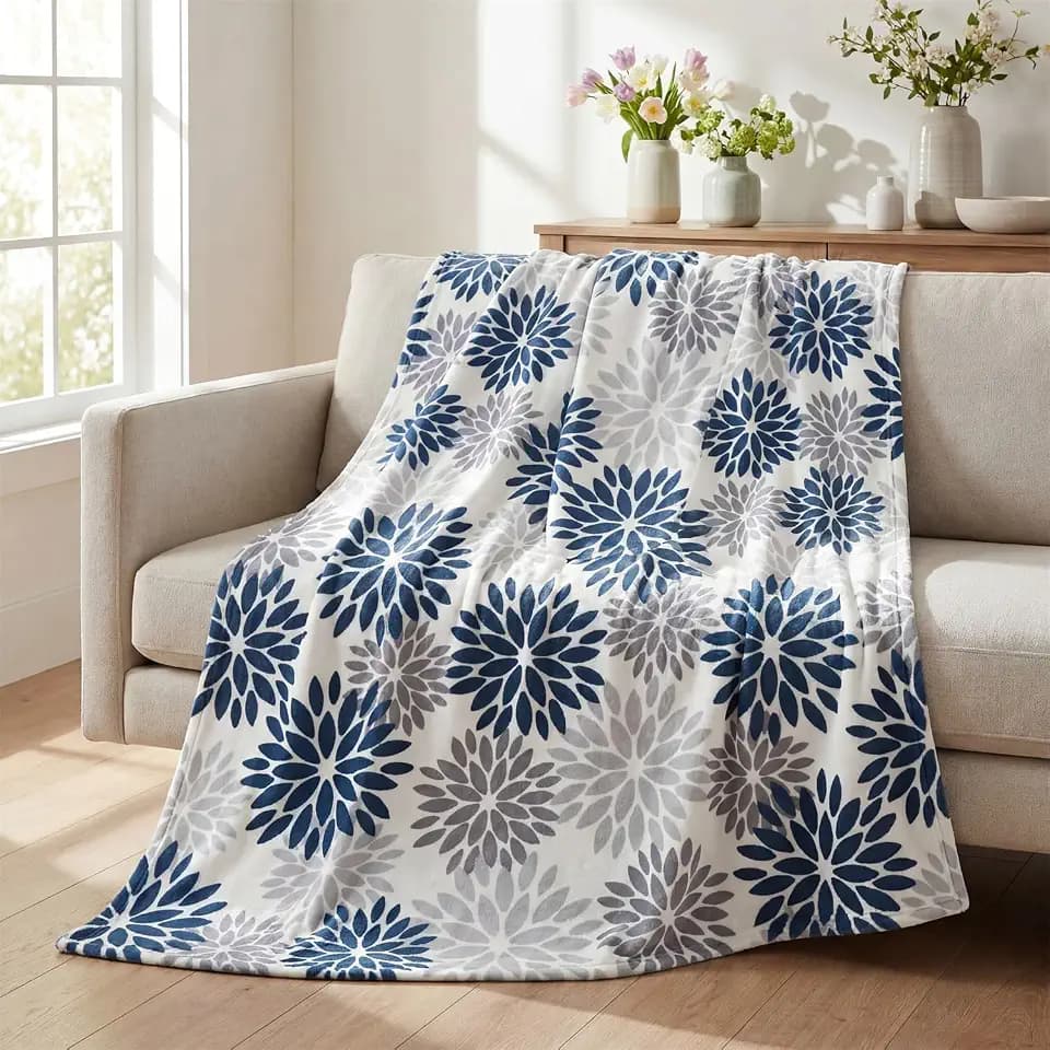 Horaldaily Dahlia Pinnata Floral Blue Silver Flannel Throw Blanket 50x60