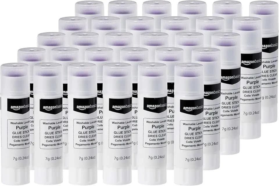 Amazon Basics Purple Washable School Glue Sticks for Classroom Supplies and Crafting, Dries Clear, 0.24-oz Stick, 30-Pack