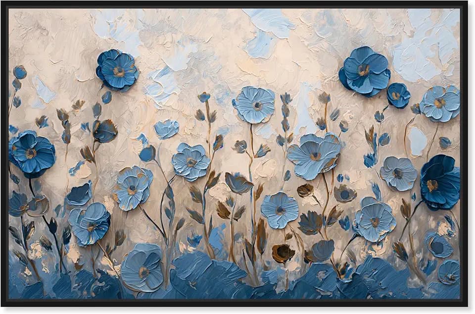 Art Remedy Cerulean Blue Flowers II Canvas Blue Floral Art, Black Frame, 54" x 36"
