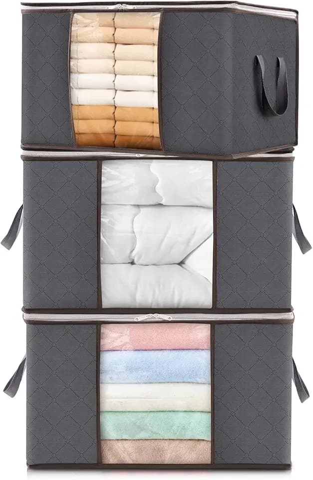 Lifewit 3 Pack 60L Clothes Storage Bins with Lids, Blanket Storage Bags