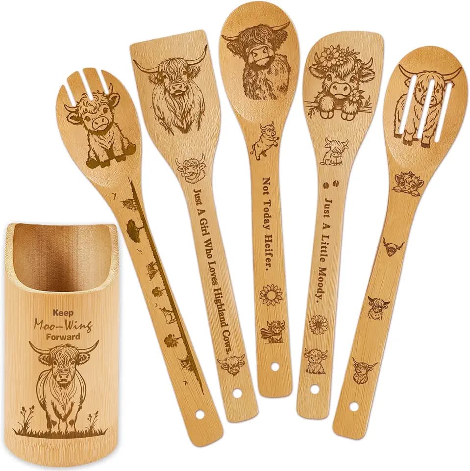 Highland Cow Kitchen Decor Bamboo Wooden Spoons With Utensil Holder,Hummingbird Kitchen Accessories for Cooking-Home Decorations Gifts for Women-Housewarming,Birthday,Mothers Day(6PCS) (Highland Cow)
