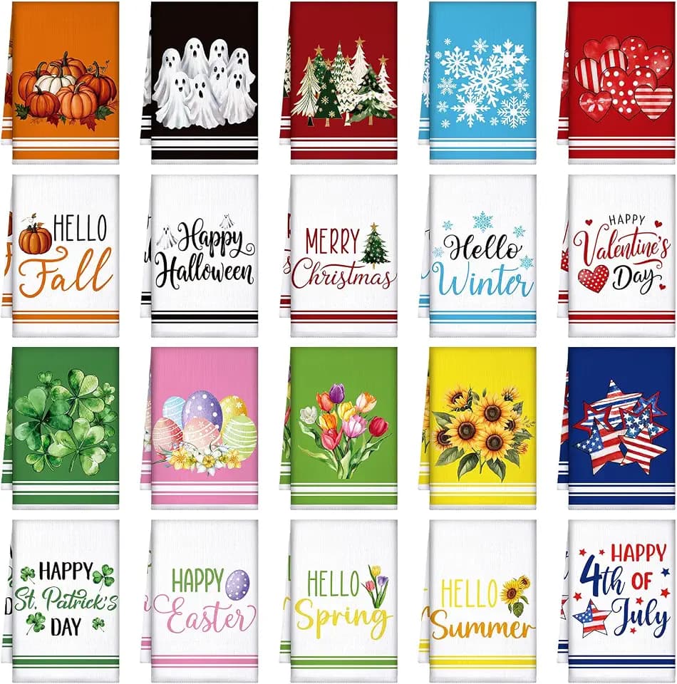 FuWeave Classic 20 Pcs Seasonal Holiday Kitchen Hand Towels Set