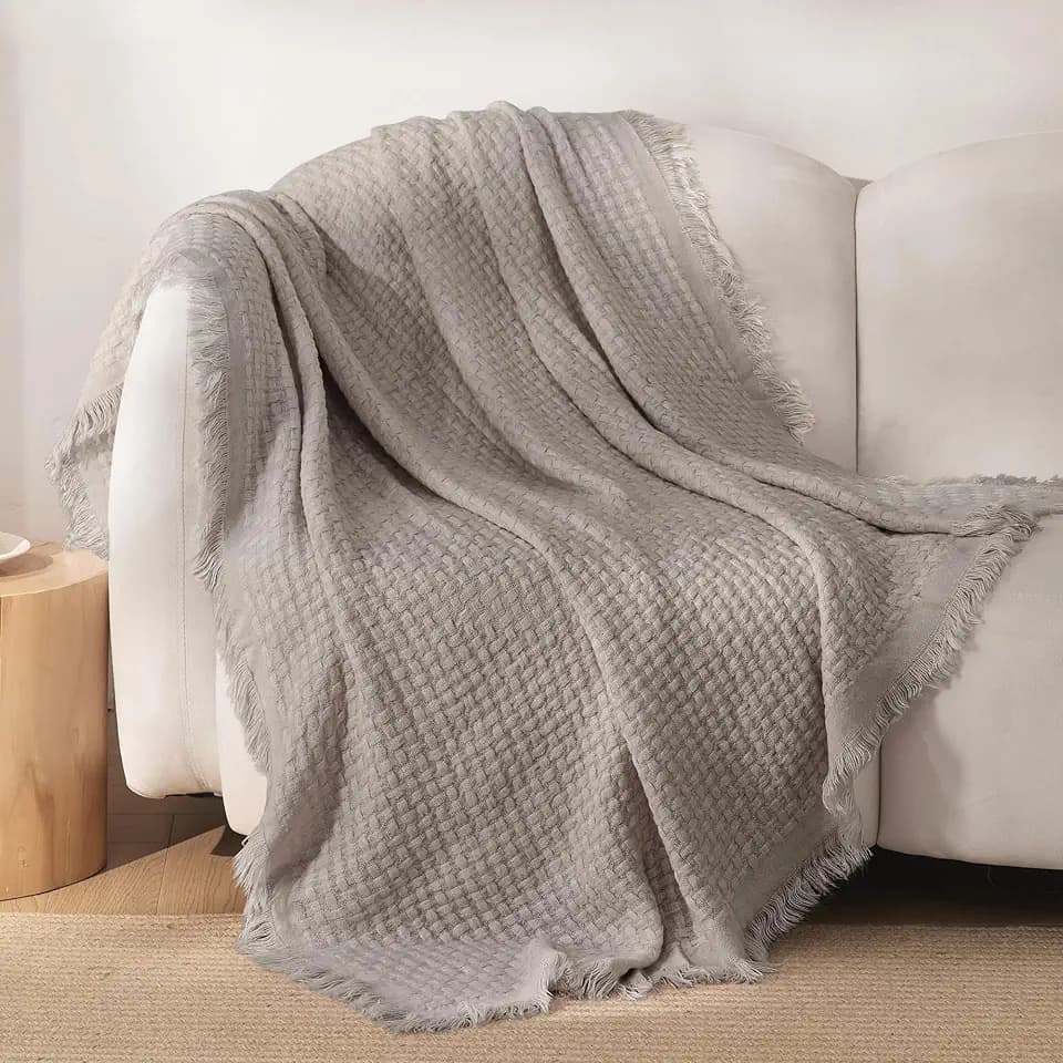 Exclusivo Mezcla Knit Blanket Twin Size with Fringes for Bed, Grey