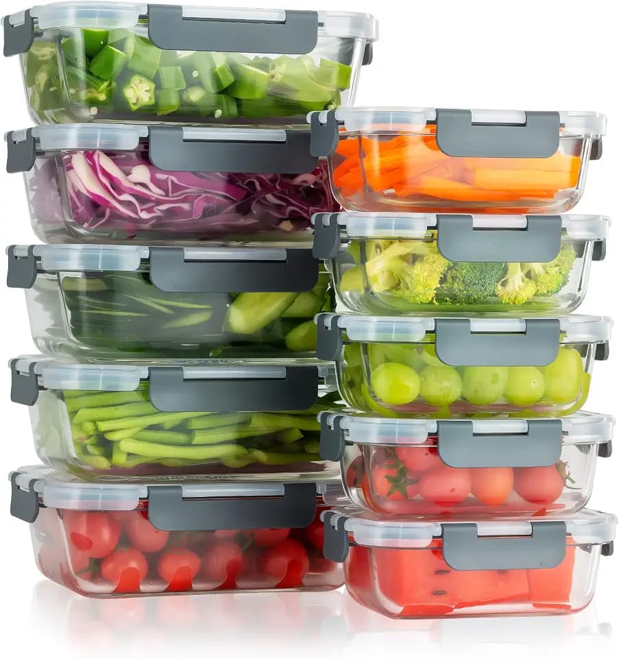 10-Pack Glass Food Storage Container with Lids, Gray