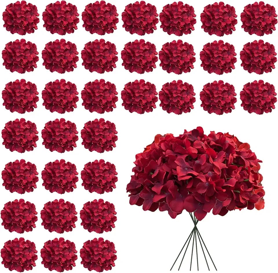 Dark Red Hydrangea Artificial Flowers Bulk, 30 Pcs Faux Hydrangea Flowers Heads, Artificial Fake Silk Hydrangea Flowers with Stems, Red Flowers Artificial for Decoration Wedding Décor