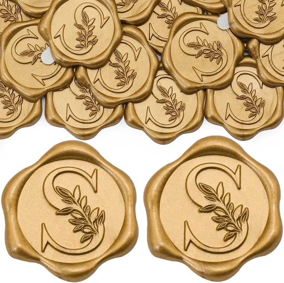 SWANGSA 100 Pack Letter S Wax Seal Stickers - Antique Gold Botanical Leaves Initial Alphabet Self-Adhesive Wax Stickers for Wedding Party Invitation Envelope Seals