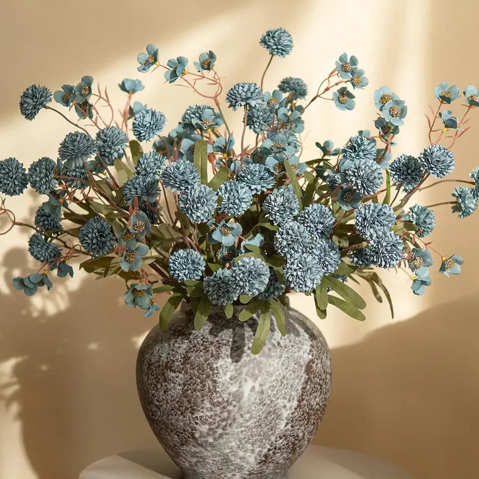 8 Pcs Fake Mums Kiku Flowers Artificial with Wild Flowers Bulk, Blue Silk Flower Arrangements Decor Floral Centerpieces For Tables Artificial Fall Flowers for Vase DIY Bouquet Coffee Dining Home