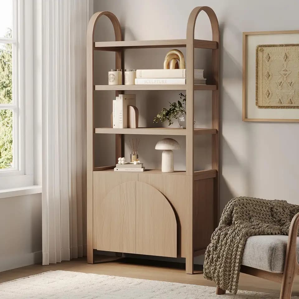 Nathan James Iris 3 Tier Bookshelf, Arched Bookcase Cabinet, Solid Wood Bookcase with Cabinet Base, Boho Bookshelf in Raw Oak Finish