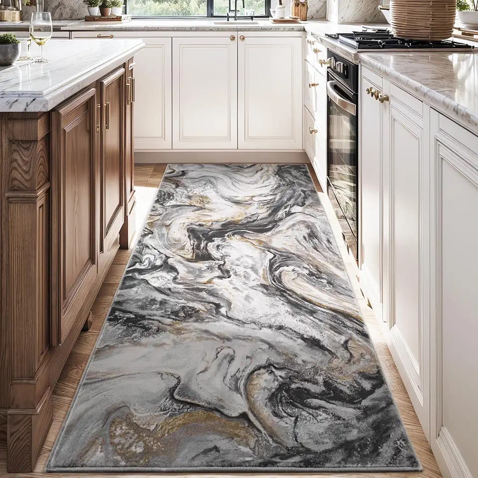 PADOOR Abstract 2'x8' Runner Rug, Washable Non-Slip Low Pile, Marble Black