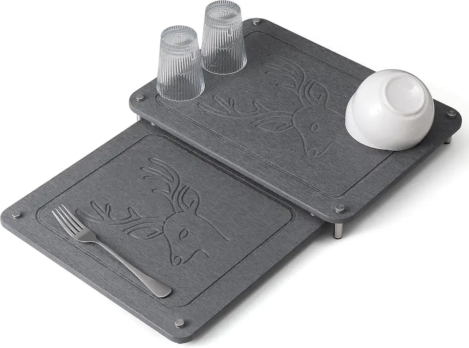 Nested Dish Drying Stone Mat | 2 Pcs Diatomaceous Earth Stone Drying Mats for Kitchen Counter with Non-Slip Feet | Collapsible Large Drying Stone for Dishes - Dark Gray