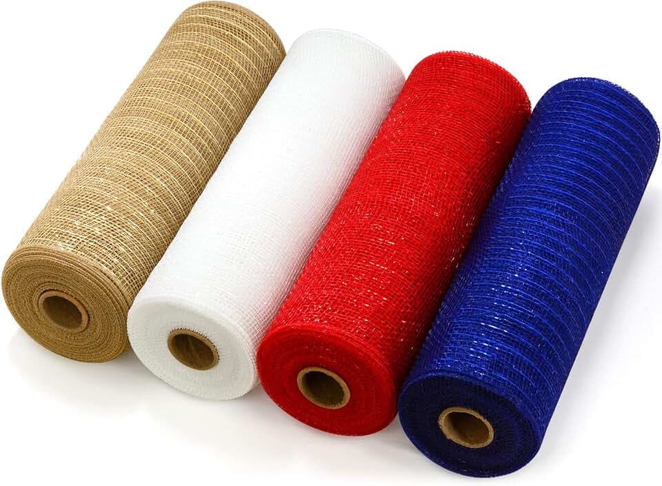 Deco Mesh 10 inch x 10 Yards Each Roll, Metallic Foil Poly Mesh Ribbon Red, White, Navy Blue, Tan Set for 4th of July Wreaths, Swags, Craft, Party and Decorating Supplies - 4 Rolls