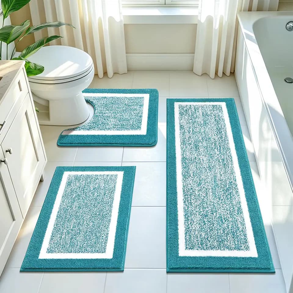 Pauwer Bathroom Rugs 3 Piece Set, Non Slip Washable Bath Mat, Aqua Blue