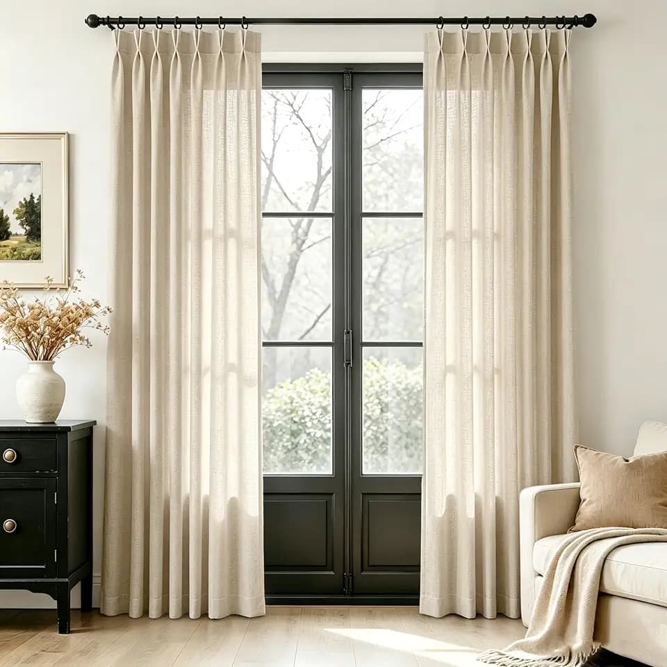 Beige Linen Pinch Pleated Curtains 96 inches Long for Living Room 2 Panels