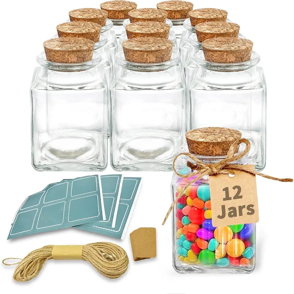 12 Pack 3.4 oz Small Glass Jars with Lids, Mini Square Jars with Cork