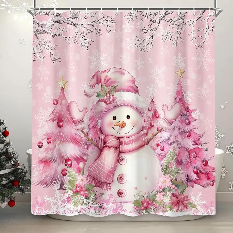 Pink Christmas Snowman Shower Curtain, Cute Winter Snowflake Snowman Pine Tree Decoration Xmas Shower Curtain for Bathroom, Farmhouse Christmas Holiday Fabric Bath Curtain Set with Hooks 72"X72"