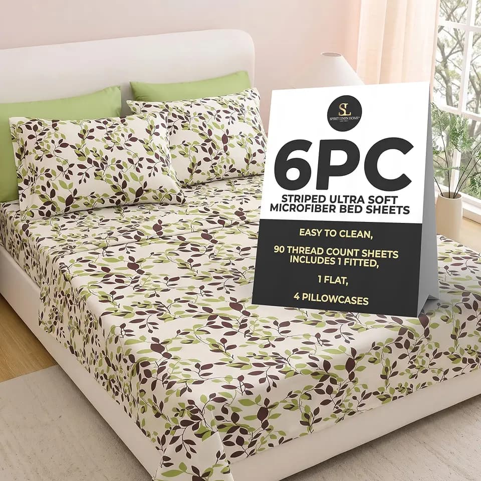 Home 6-Piece Elegant Bed Sheet Set - King, Beige/Green Leaves